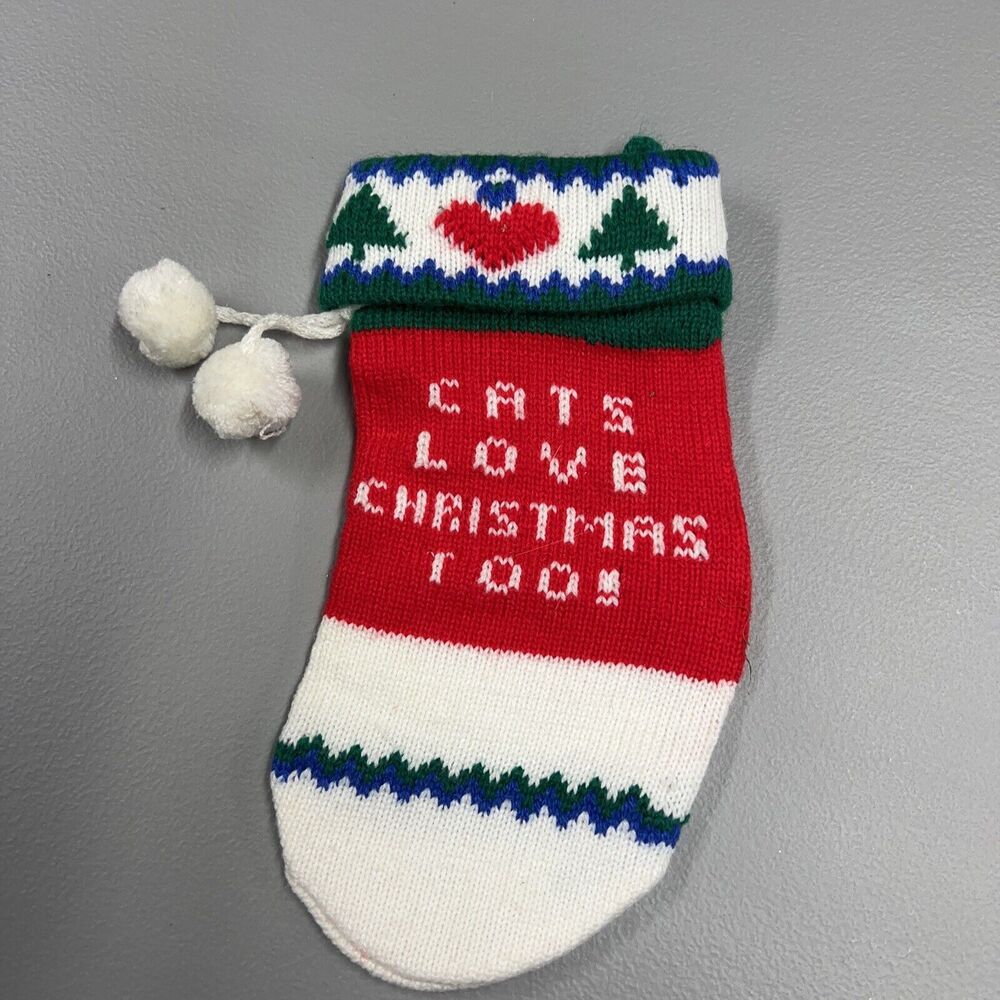 2 Cats Love Christmas Too Stockings Retro Vintage 70/80 Style With Poms Poms